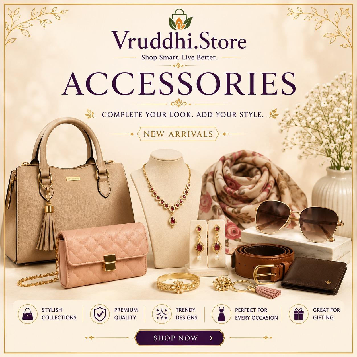 Accessories collection featuring handbags, jewellery, scarf, sunglasses, belt and wallet