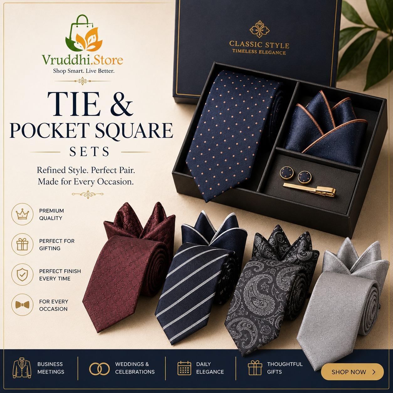 Men's coordinated tie and pocket square accessory sets