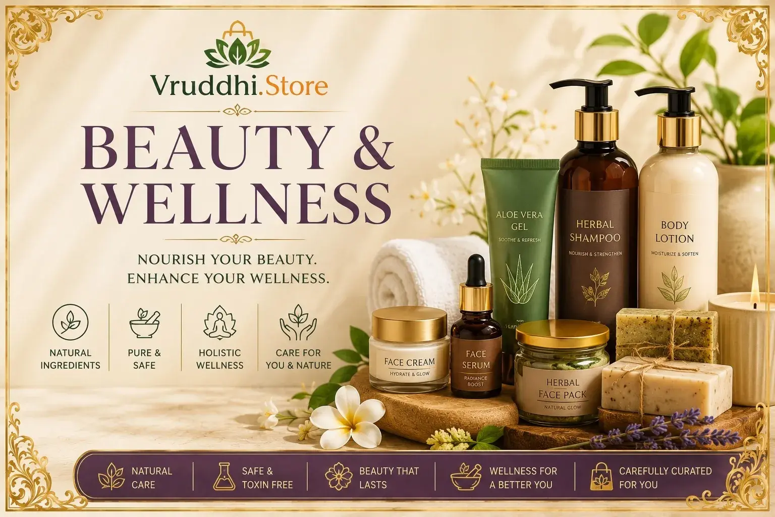 Beauty and wellness collection featuring herbal shampoo, body lotion, aloe vera gel, face serum, face cream, herbal face pack and natural soap
