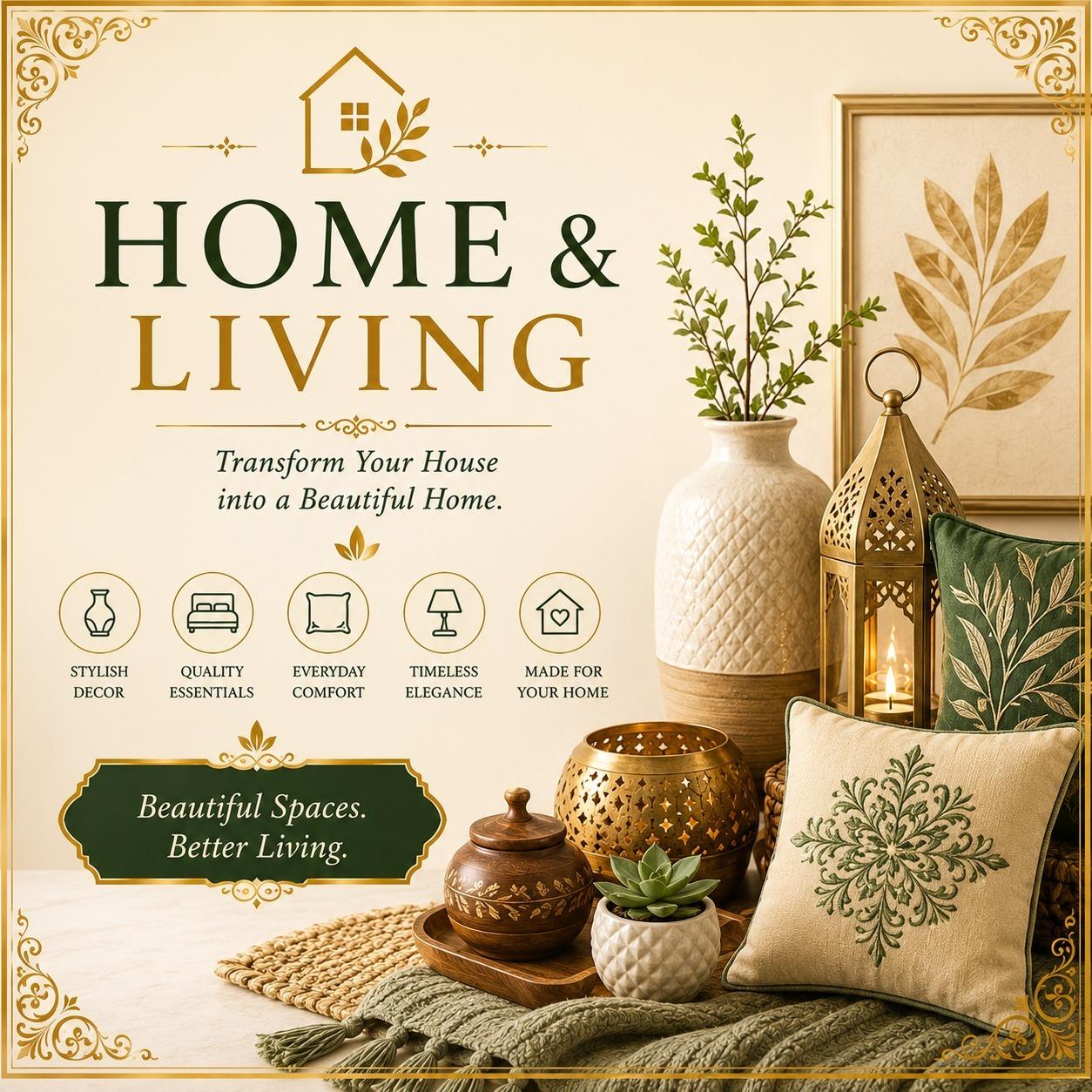 Home and Living collection featuring decorative cushions, lanterns, vases and indoor plants