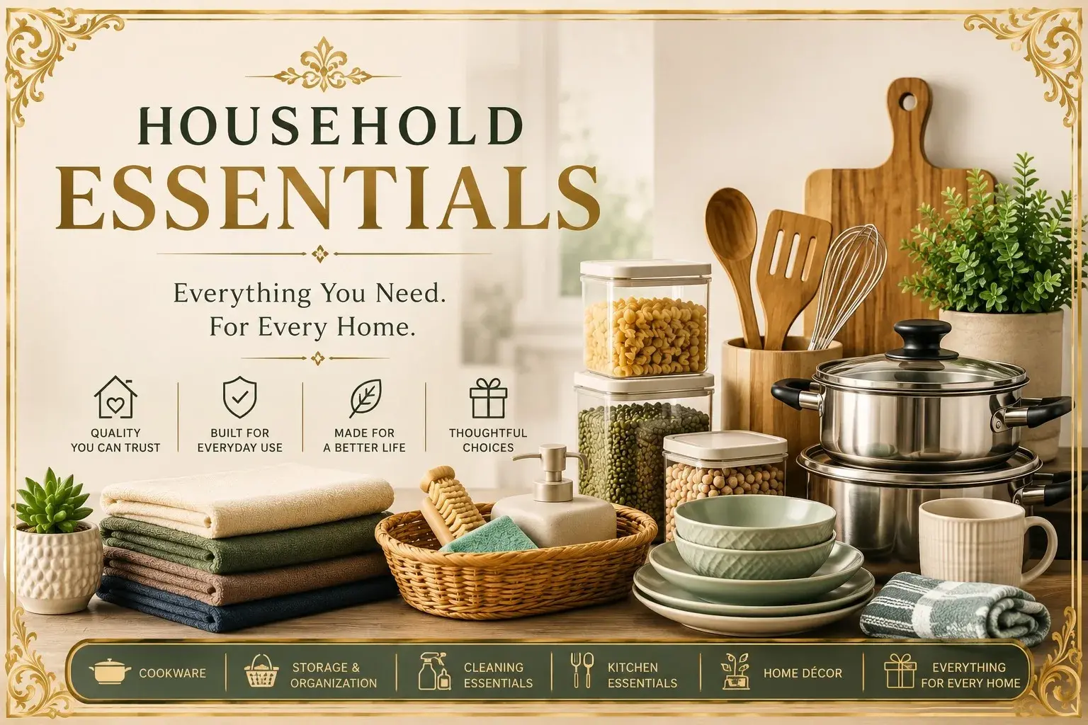 Household essentials collection featuring cookware, storage containers, towels, cleaning supplies and kitchenware