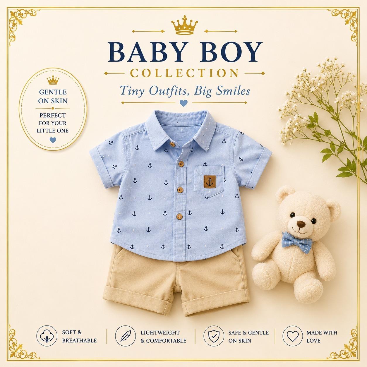 Blue baby boy shirt and beige shorts set