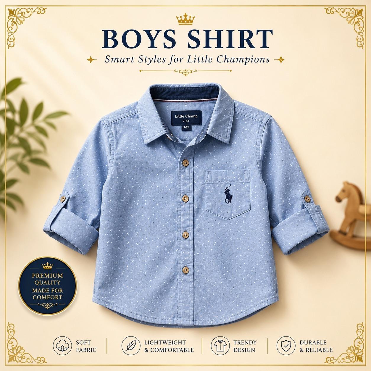 Blue patterned boys shirt with rolled sleeves