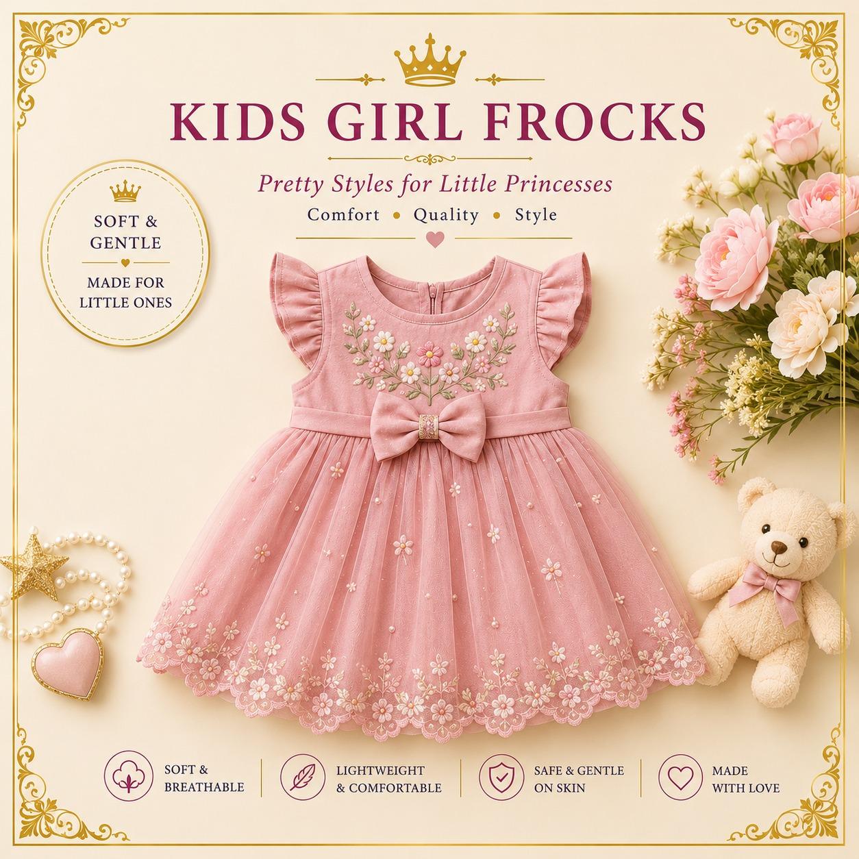 Pink embroidered girls party frock
