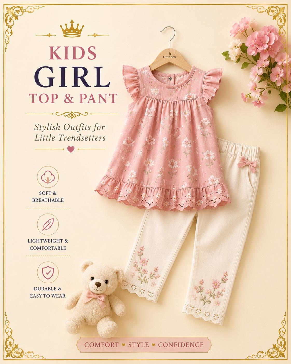 Pink floral girls top with matching white trousers