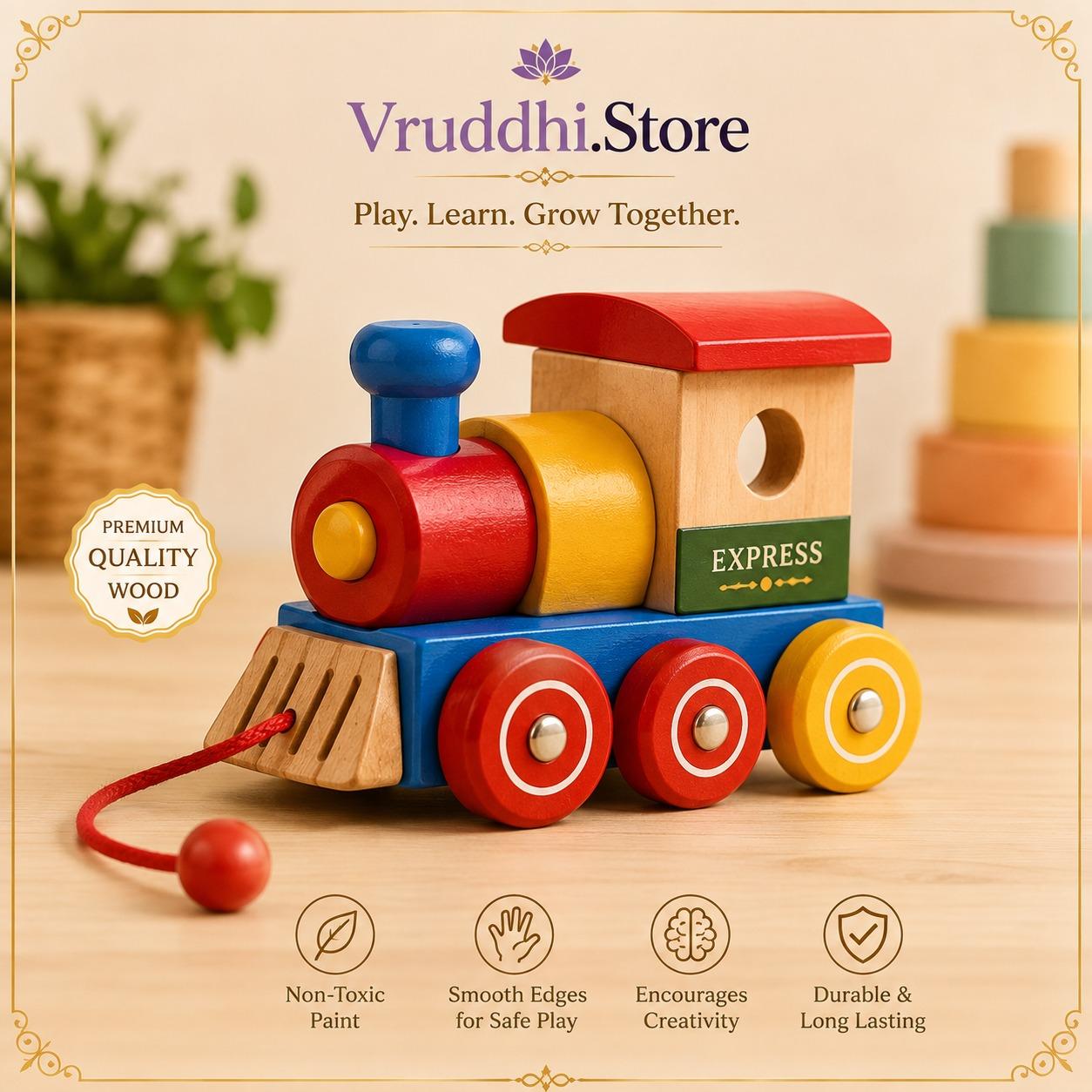 Wooden toy train with colourful blocks and wheels