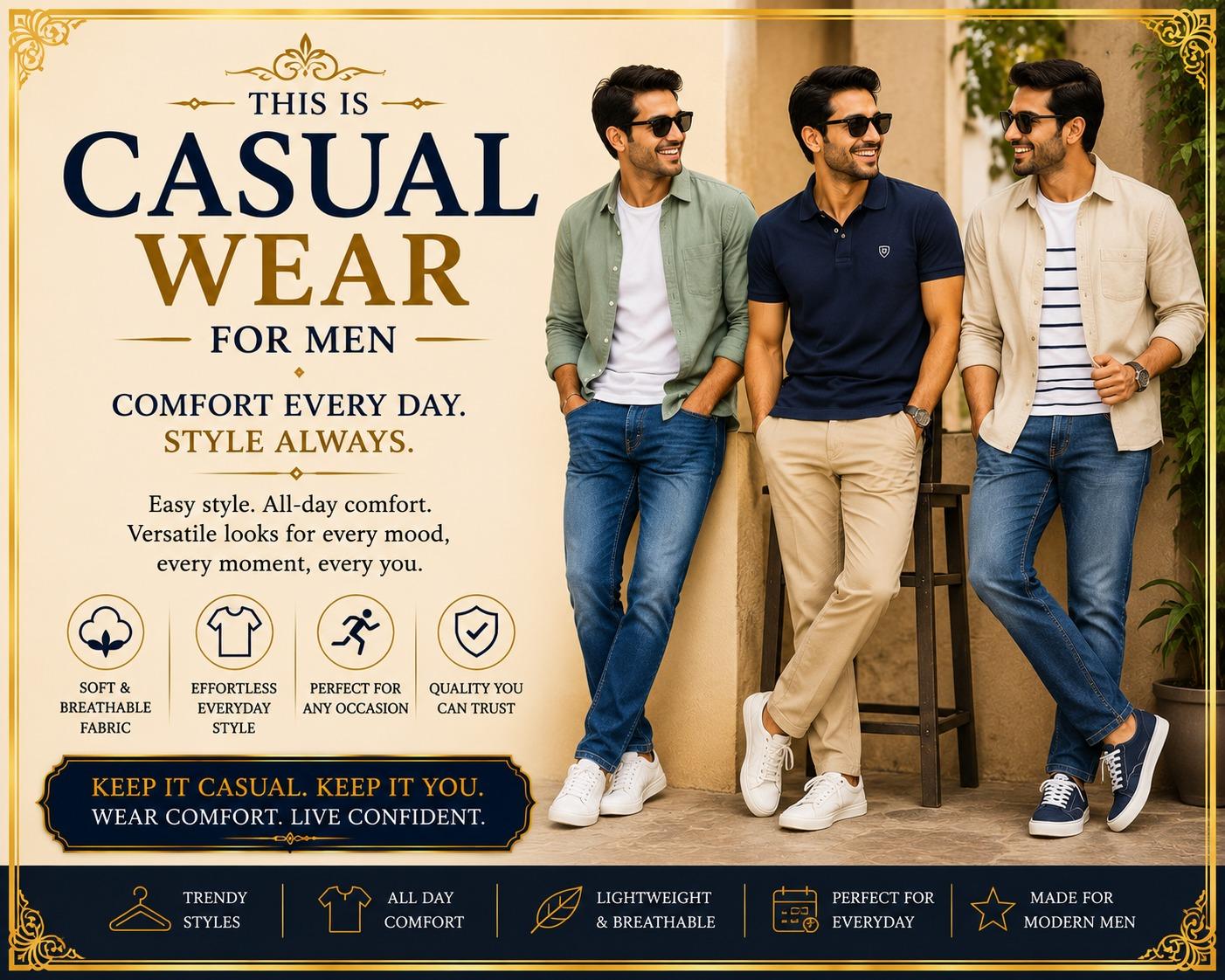Men wearing casual shirts, jeans and chinos