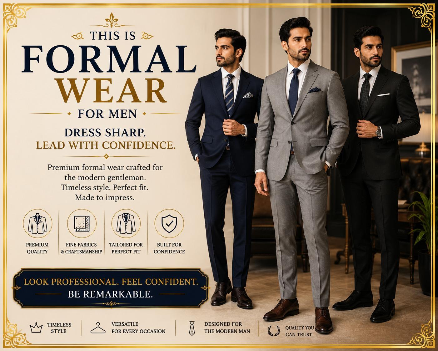 Men wearing navy, grey and black formal suits