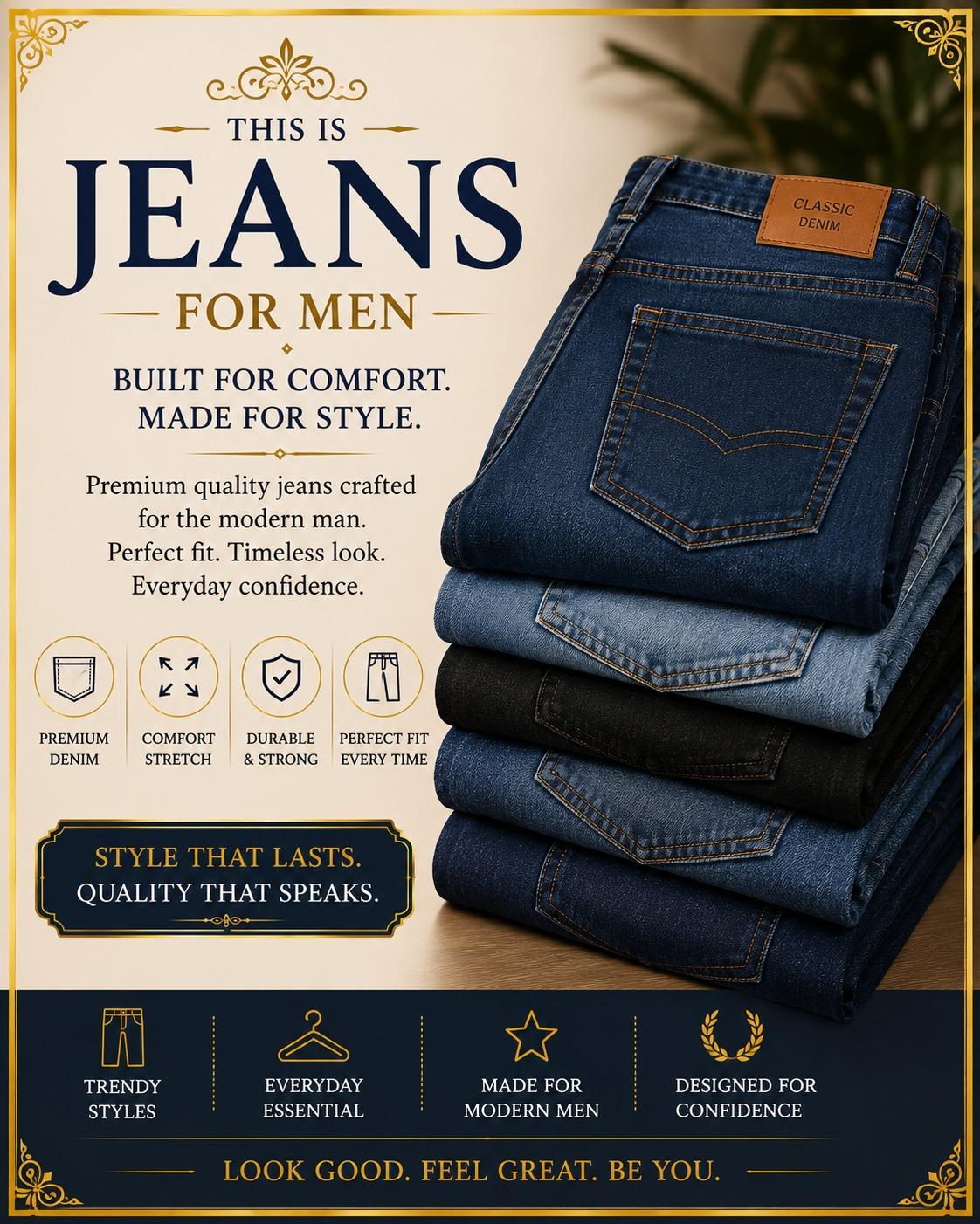 Stacked men’s denim jeans in different blue shades
