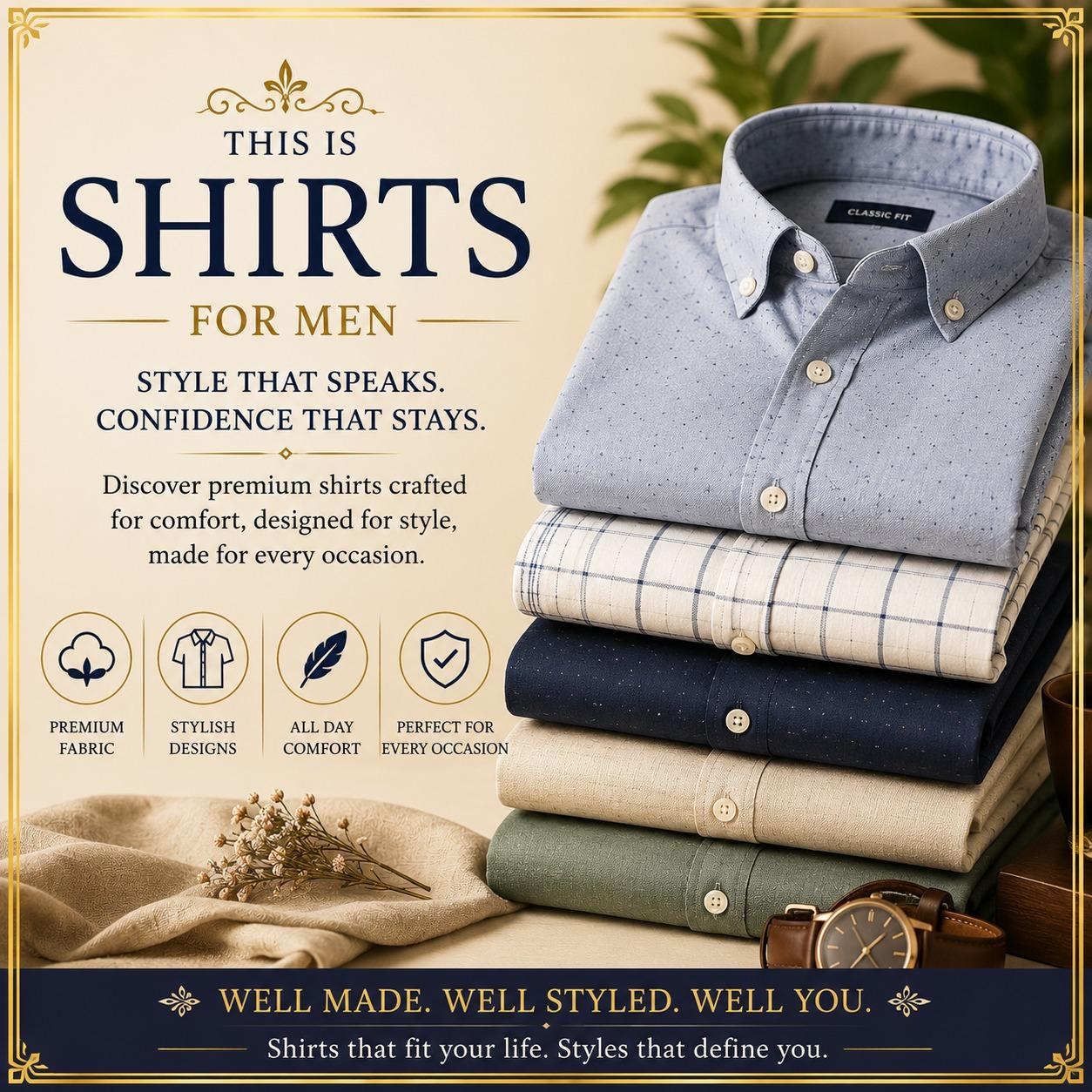 Stacked men’s shirts in classic neutral colours