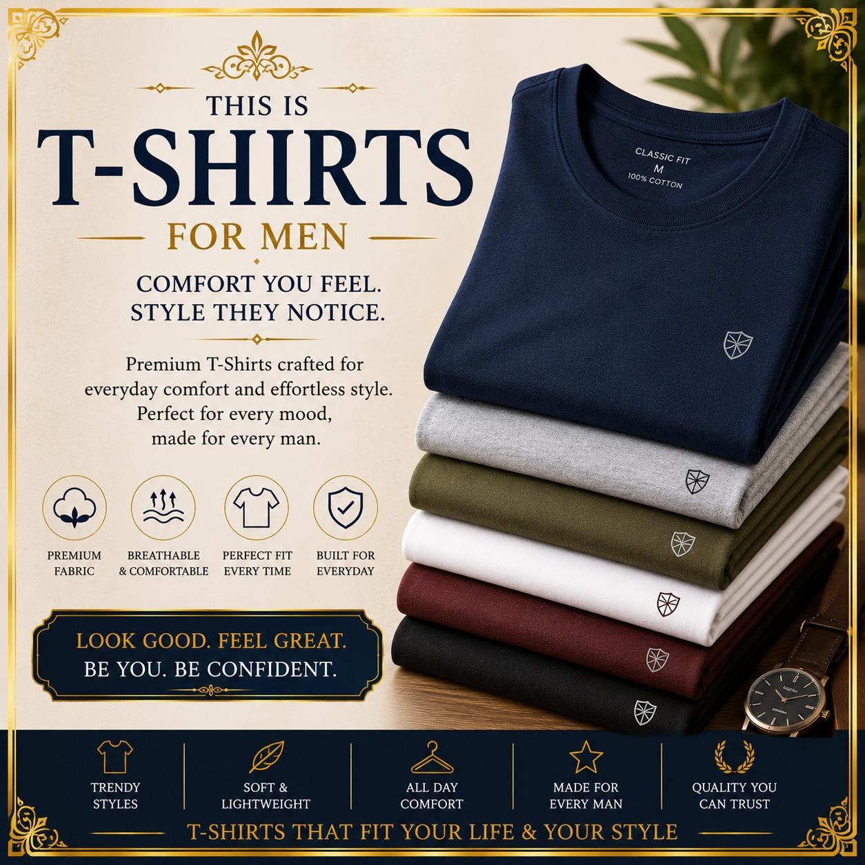 Stacked men’s T-shirts in navy and neutral colours