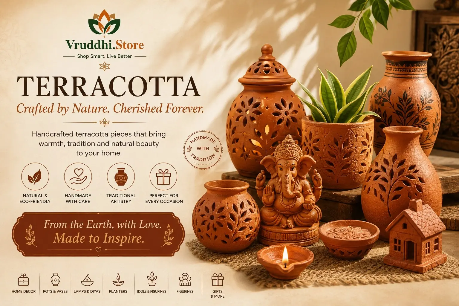 Terracotta home decor collection featuring handcrafted lamps, planters, vases and figurines