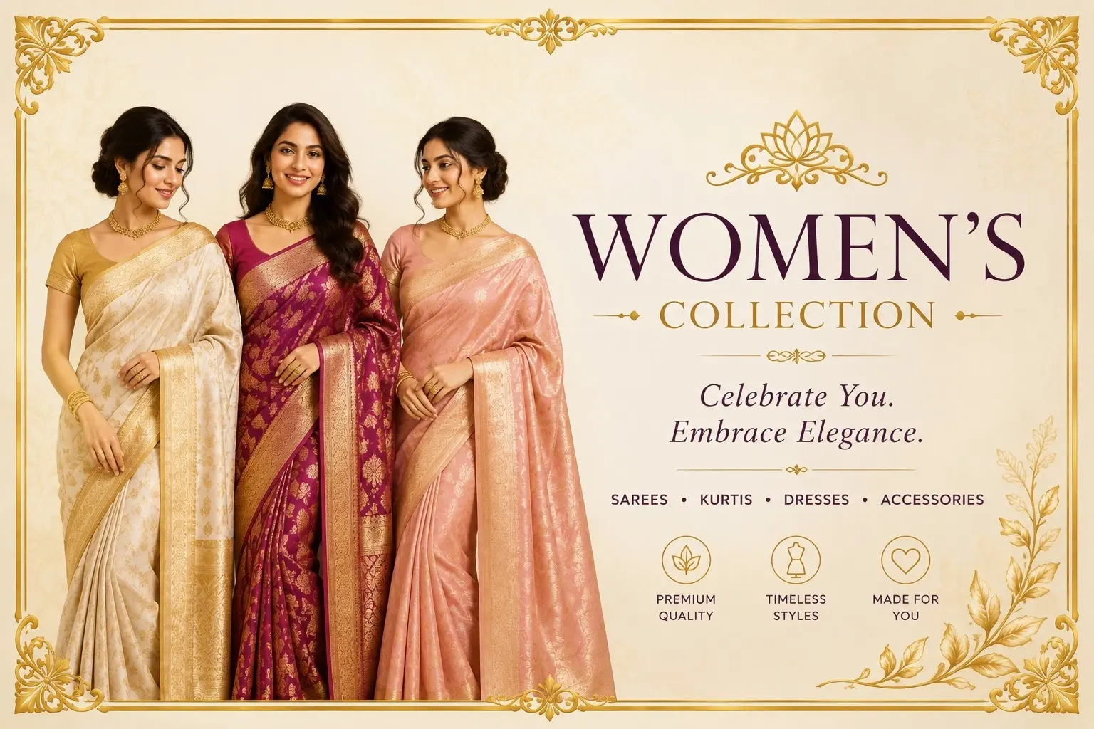 Women’s Collection featuring three women in sarees
