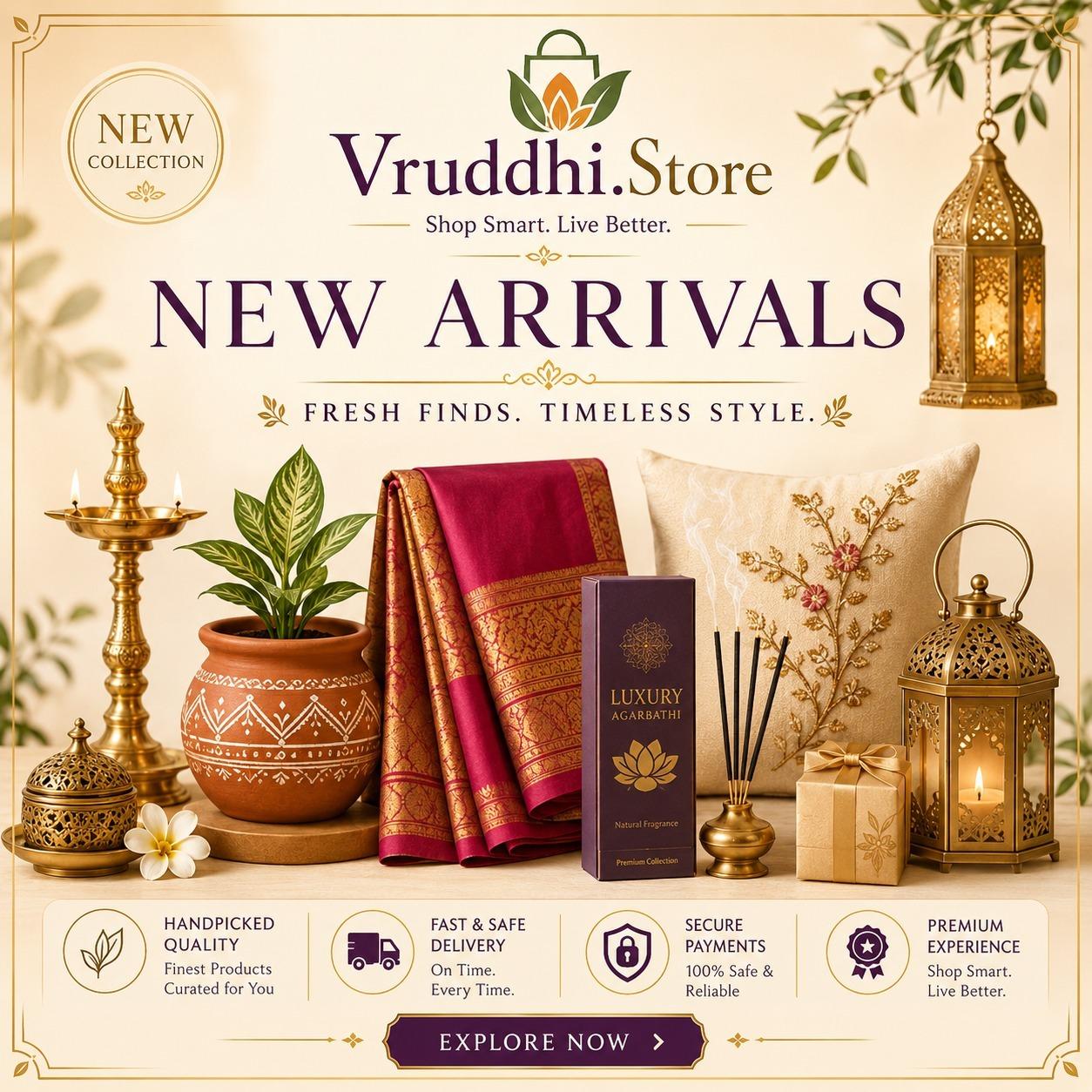 New arrivals collection featuring a brass lamp, saree, terracotta decor, embroidered cushion, incense and lantern